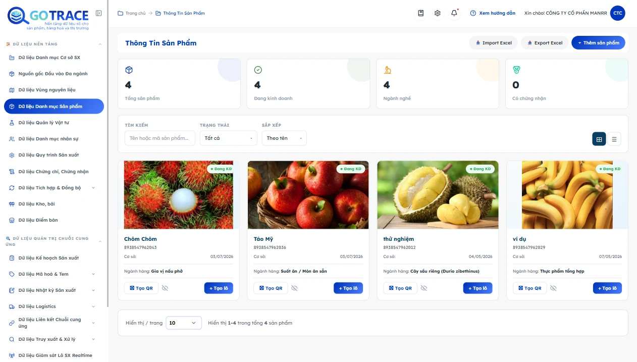 Dashboard quản trị nền tảng GoTrace — truy xuất chuỗi cung ứng